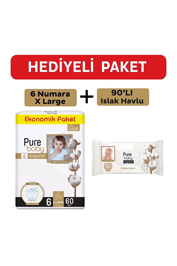 Pure Baby Organik Pamuklu Cırtlı Bez 6 Numara Xlarge 60 Adet + Organik Pamuklu Islak Havlu 90 Yaprak