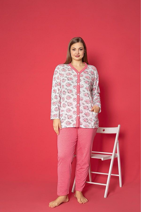 Farya Home-Set de pijamale X-Dreamy, cu buzunar, cu nasturi, în față, din bumbac de dimensiuni mari 1