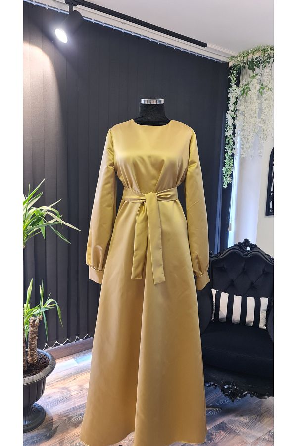 makbuleofficial Gold Color Satin Fabric Comfortable Fit Simple Hijab Evening Dress Trendyol