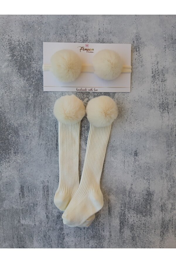 pempem bandana Kız Bebek Krem Ponponlu Çorap Bandana Set