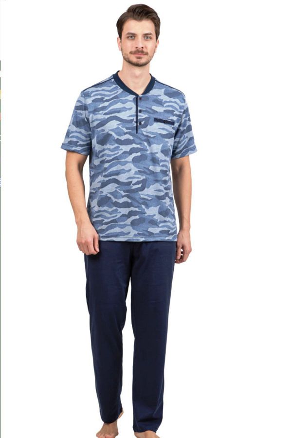 Çift Kaplan-Men's Jacquard Short Sleeve Patchwork Pajama Set 8814 1
