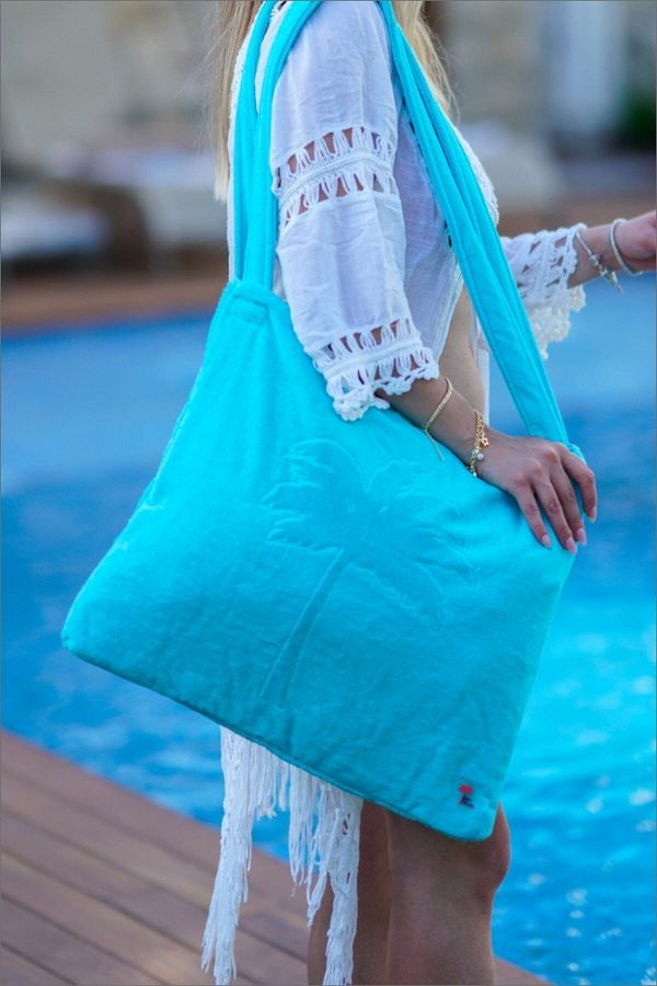 Red Palm Blue Beach Bag that Turns into a Beach Towel 45x54 Cm Trendyol