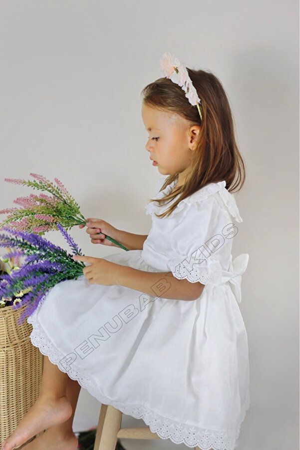 penu baby kids Beyaza Beyaz Fiyonklu Kısa Kol Kız Bebek Elbise - Candy