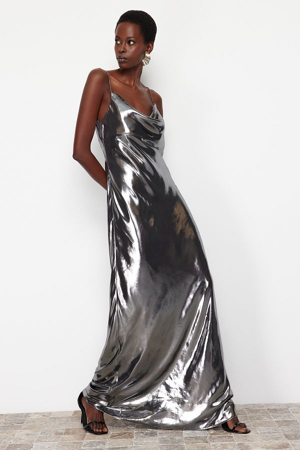 Trendyol Collection Metallic Woven Silver Lined Fish Long Evening Dress TPRSS24AE00017 Trendyol