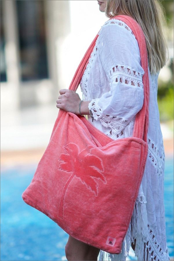 Red Palm Pink Beach Bag that Turns into a Beach Towel 45x54 Cm Trendyol