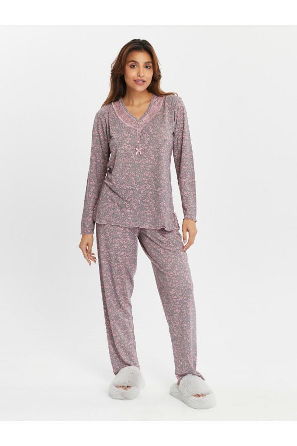 ANGEL NA Women s sleepwear pink long sleeve bamboo comfortable trill set of sleepwear medium thin 6913 Trendyol