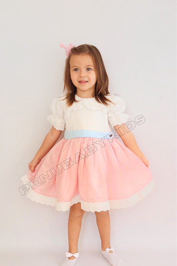 penu baby kids Pembe Mavi Fiyonklu Kısa Kol Kız Bebek Elbise - Candy