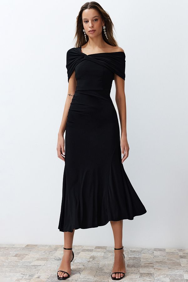 Trendyol Collection Asymmetric Collar Black Knitted Evening Dress TPRSS24EL00046 Trendyol