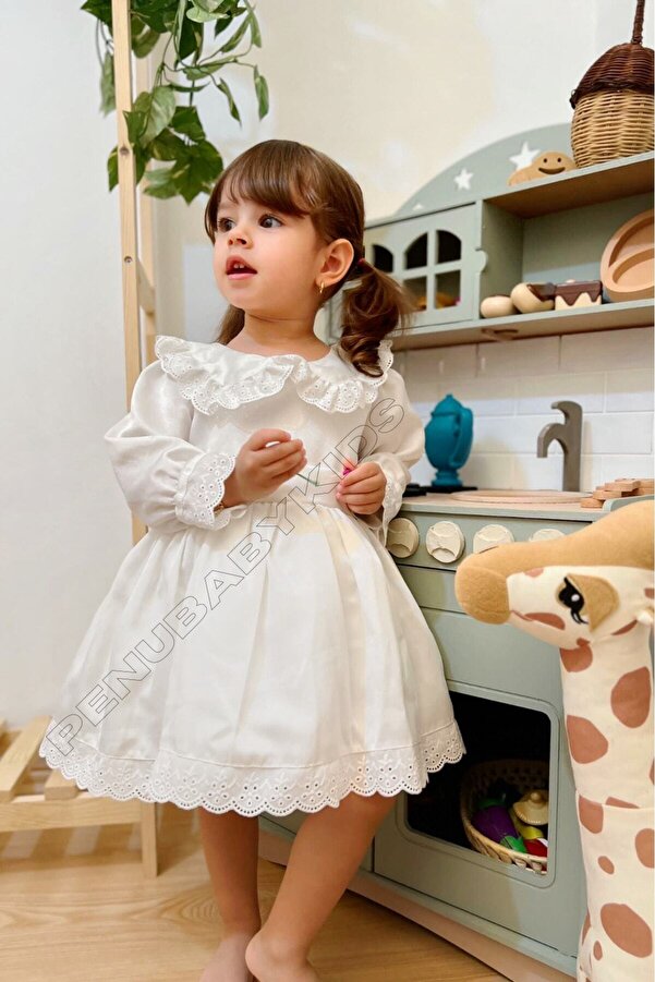 penu baby kids Beyaza Beyaz Fiyonklu Uzun Kol Kız Bebek Elbise - Candy