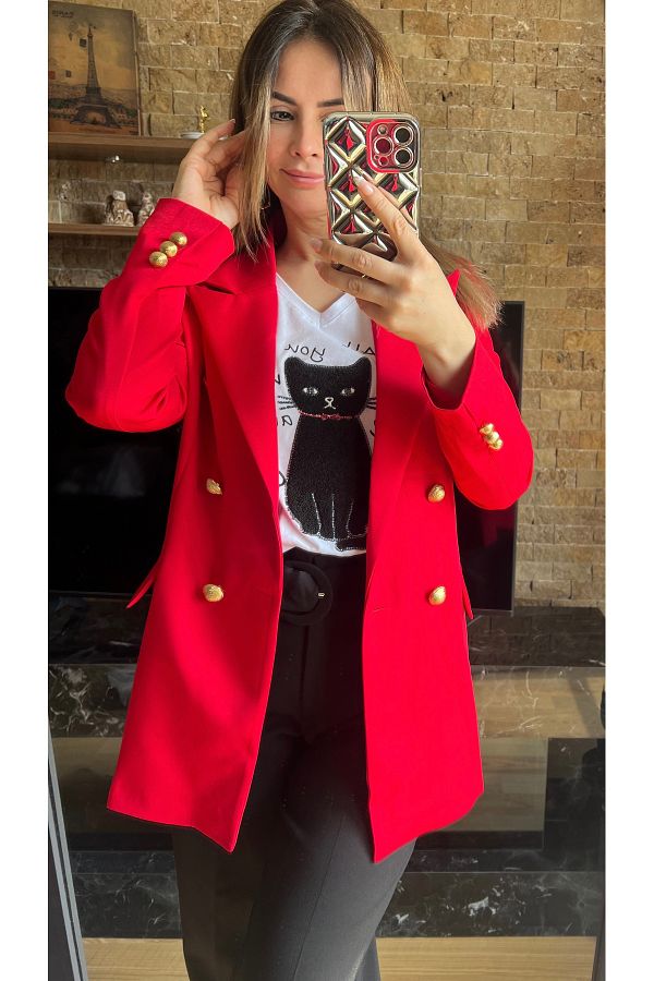 Red blazer with gold buttons online