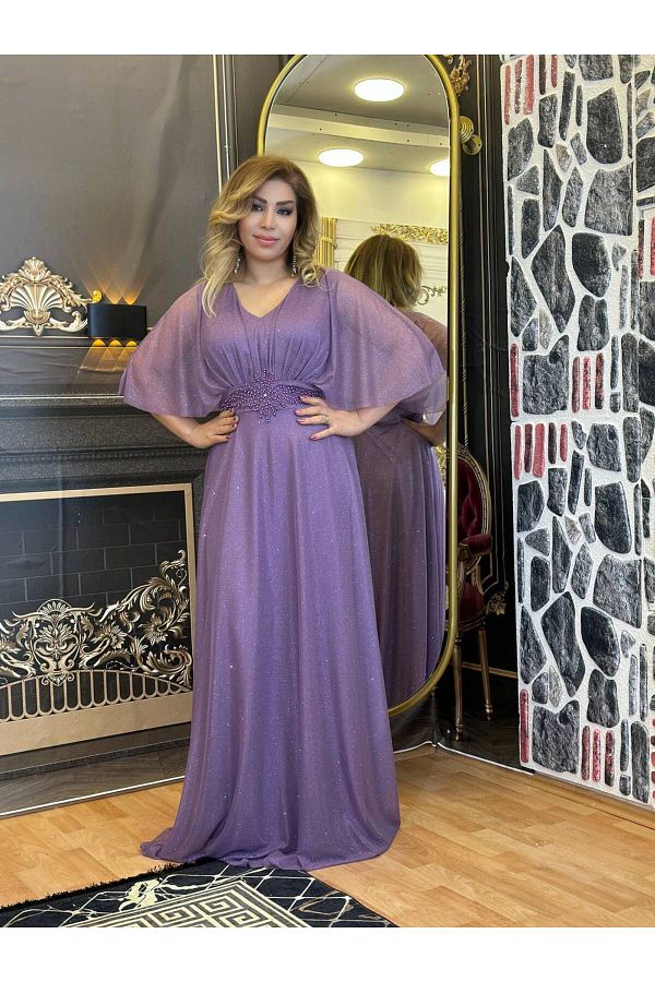 Yeşilmoda-فستان سهرة مطرز بنفسجي طويل للمناسبات الخاصة 1