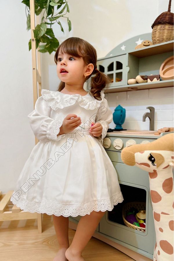 penu baby kids White Long Sleeve Baby Girl Dress with White Bow Detail Trendyol