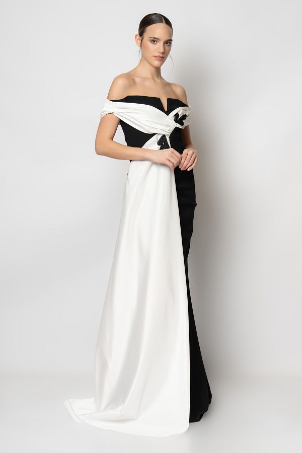 RENGIN Embroidered Shawl Collar Crepe Evening Dress with Fragments on the Chest Trendyol
