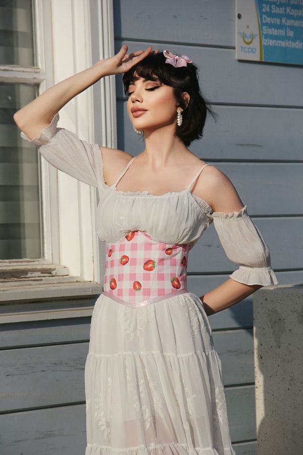 KSDESIGN strawberry plaid print women s underwire waist belt corset Trendyol