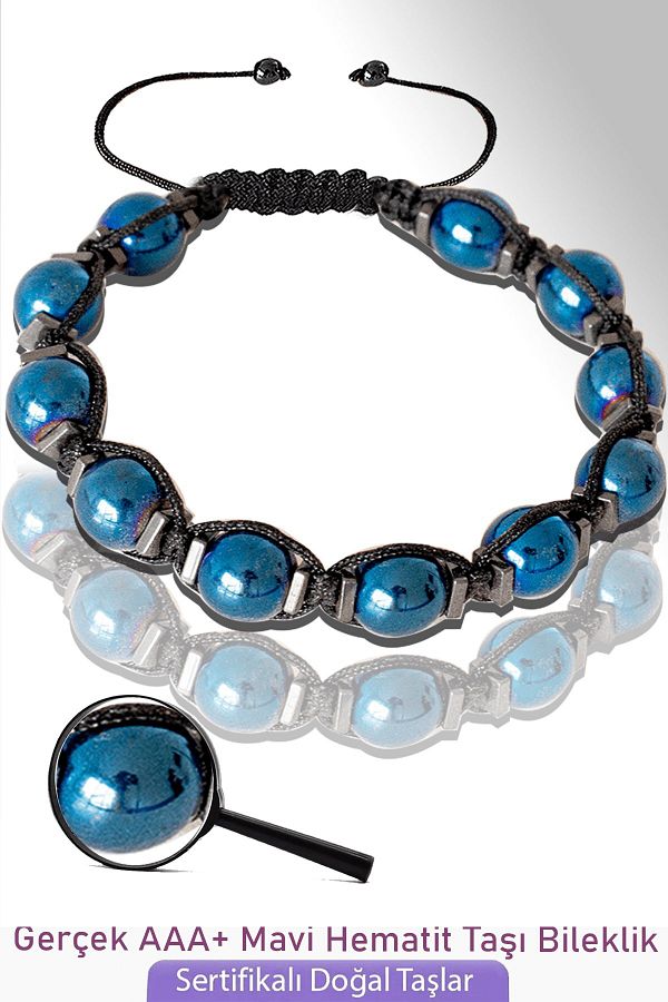 Tesbih Atölyesi-Certified Real Blue Hematite Stone Bracelet - Adjustable 1