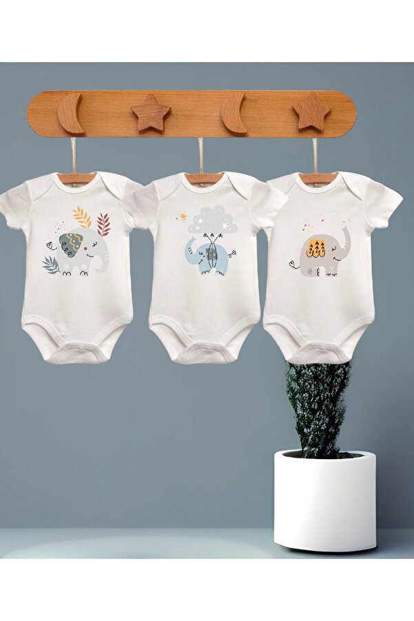 Bebe wini %100 Pamuk 3’lü Fil Model Baskılı Kısa Kollu Bebek Zıbını