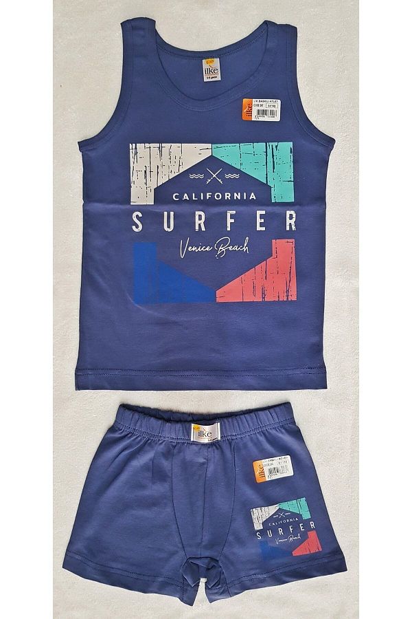 İlke-Boy's Indigo Color Front Print Patterned Cotton Undershirt & Boxer Set 1