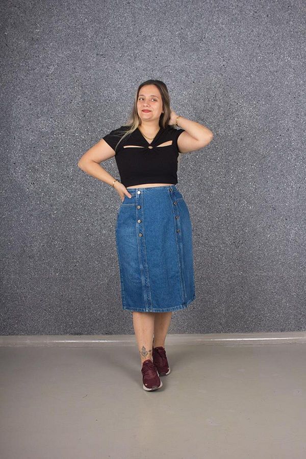 Truva XXL Large Size Back Full Zipped Below the Knee Denim Skirt Blue Etk175 Trendyol