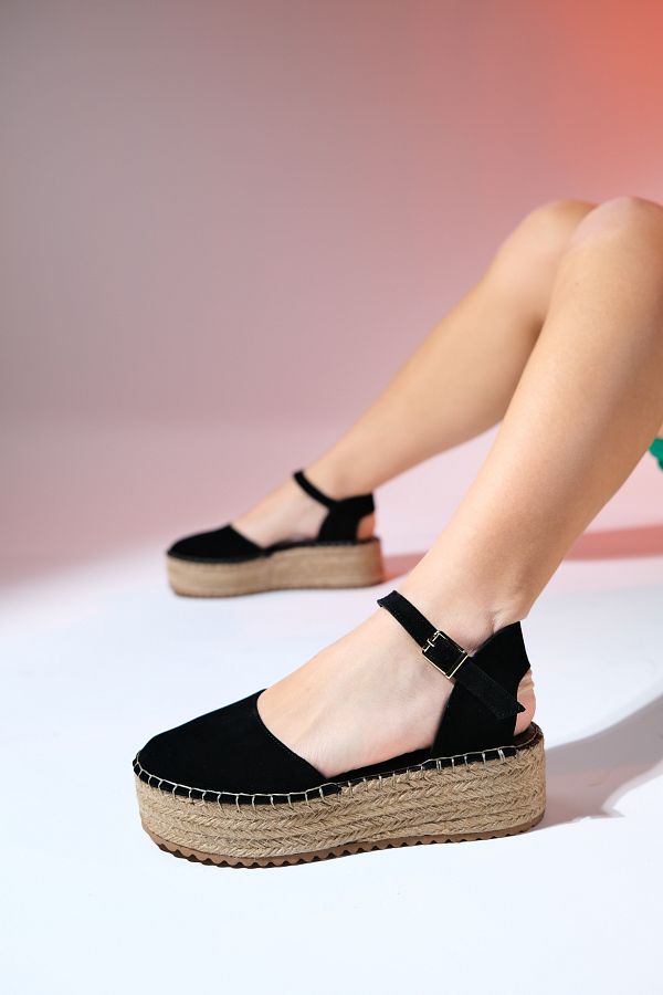 LuviShoes-صندل نسائي من الجلد الطبيعي باللون الأسود من VİBA بنعل عريض من القش 1