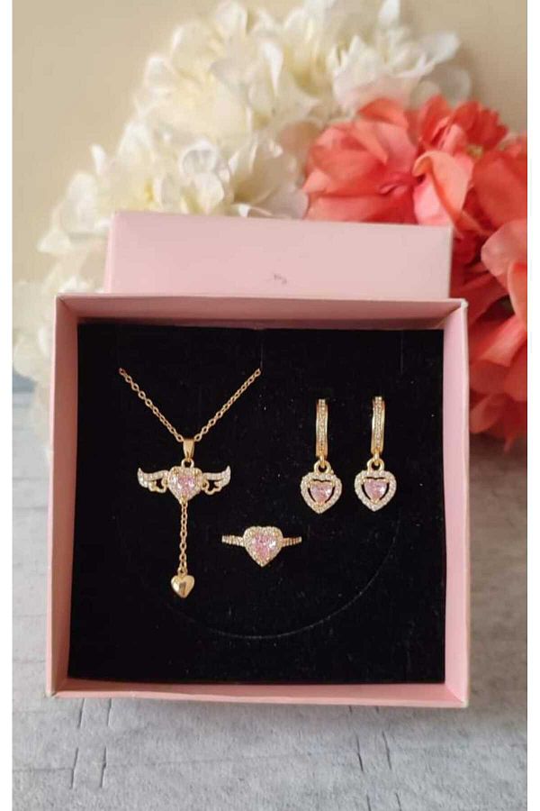 HKN AVM ACCESSOR ES Pandora Steel Ring Winged Necklace and Earring Set Serious Relationship Gift Trendyol