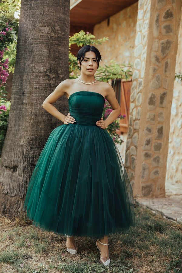 berissima bride Athena Tulle Strapless Emerald Green Dress Trendyol