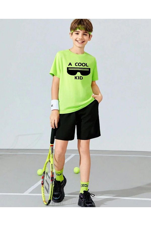 MORNİNG KİDS-Boy's Neon Green Black A Cool Kid Printed Shorts-T-Shirt Set 1