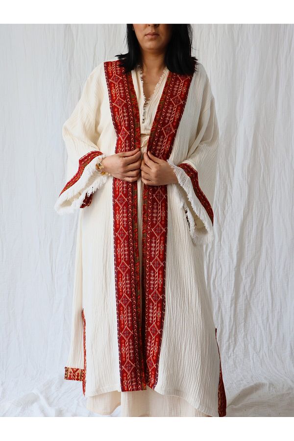 Su Koleksiyon-Tarsus Red Rug Border Muslin Kaftan 1