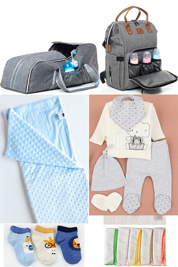 DERİNBEBE 6’lı Bebek Doğum Seti(HASTANE ÇIKIŞ,BEBEK BAKIM SIRT ÇANTASI,PORTBEBE,BATTANİYE,ÇORAP,MENDİL SETİ)