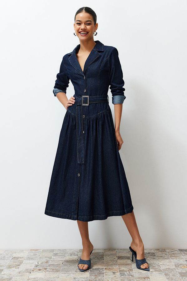Trendyol Collection-Jacket Lapel Maxi Denim Dress with Belt - Twoss24El00776 1