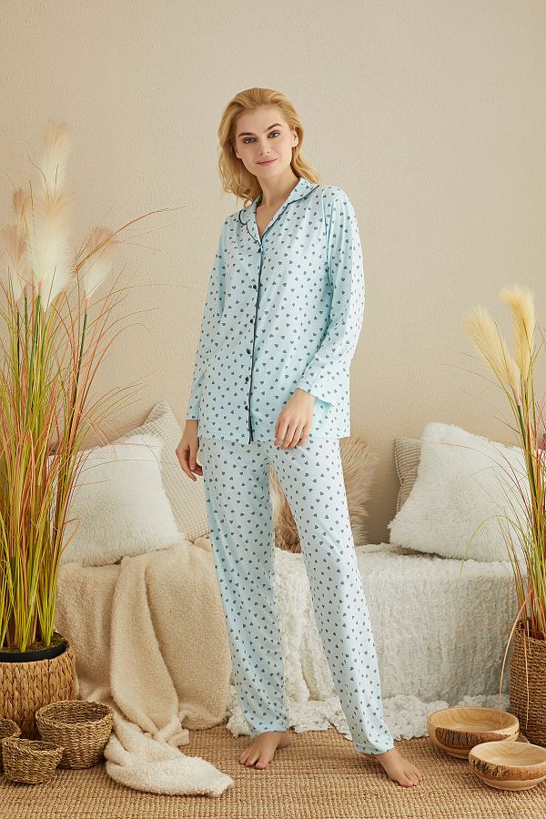 M RELLA Women s Heart Patterned Front Buttoned Long Sleeve Bamboo Fabric Combed Cotton Seasonal Pajamas Set Trendyol