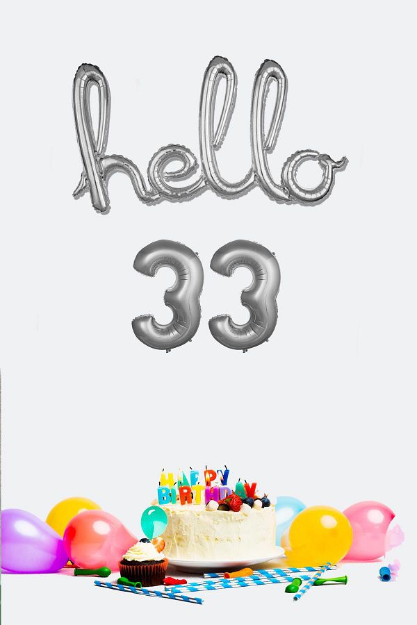 PEKSHOP-33 Years Birthday Balloons - Hello 33 Handwritten Silver Color Foil Balloon 1
