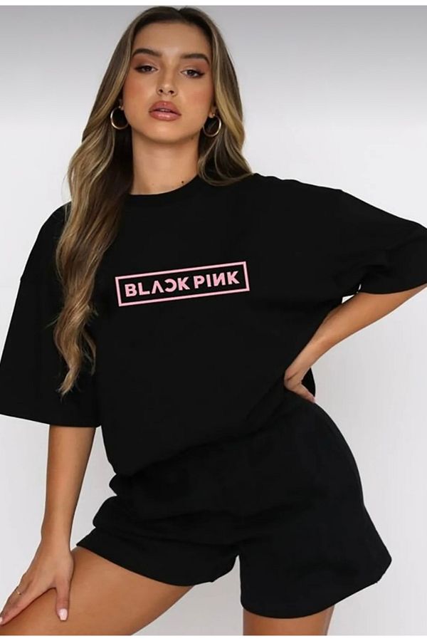 BYMEER Women s Black Blackpink Printed Top and Bottom Shorts T shirt Set Trendyol