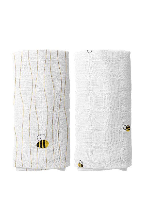 Casadora Baby Happy Bee Nakışlı 100% Pamuk Müslin Örtü Seti (90x90 CM 2'Lİ)