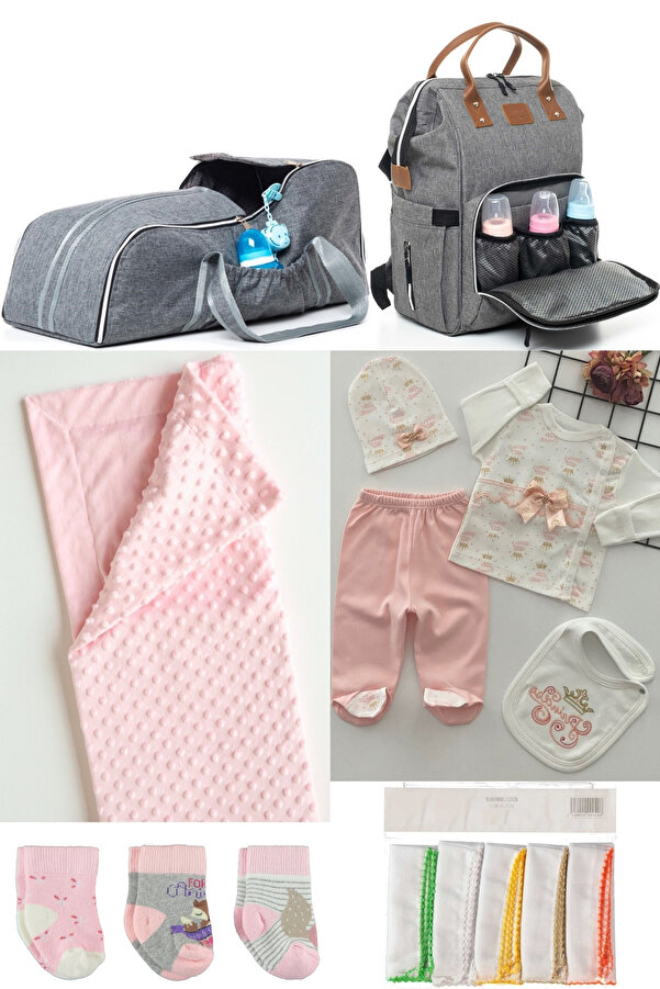 DERİNBEBE 6’lı Bebek Doğum Seti(HASTANE ÇIKIŞ,BEBEK BAKIM SIRT ÇANTASI,PORTBEBE,BATTANİYE,ÇORAP,MENDİL SETİ)