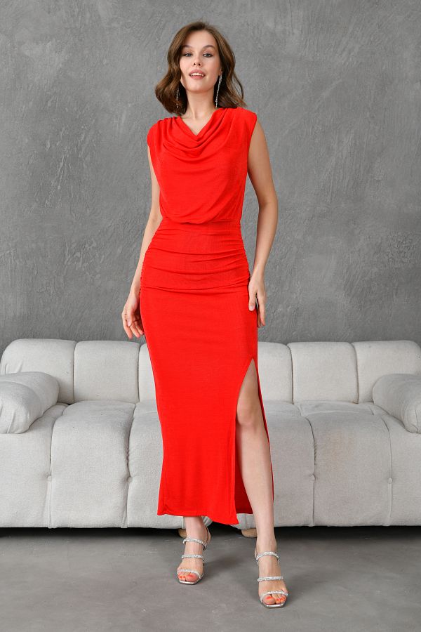 bayansepeti Women s Stretchy Buzzy Fabric Slit Degaje Collar Maxi Length Red Dress 1051 Trendyol