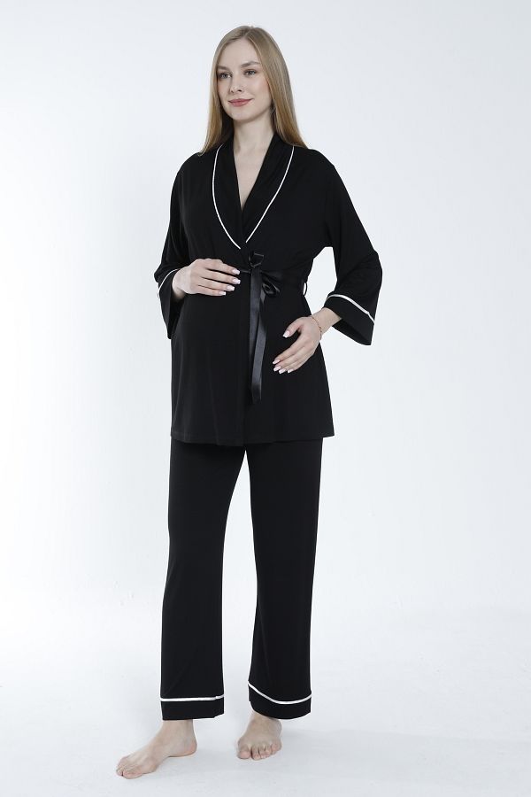 Miss Dünya Lissa-Pregnant and Maternity Pajamas Set with Front Tie and Large Stripe Collar 1