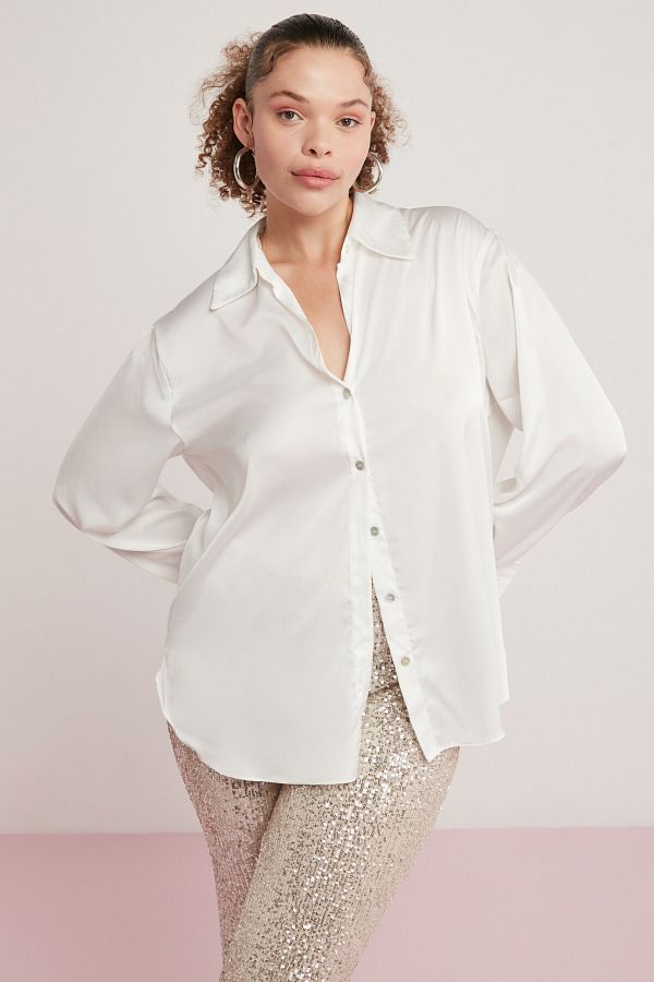 ETHIQUET-Ulıana Women's Lycra Satin Fabric Sleeve Cuffed Champagne Color Plus Size Shirt 1
