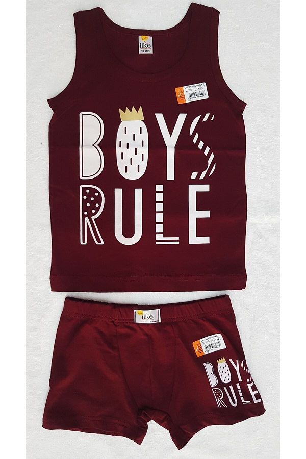 İlke-Boy's Burgundy Color Front Print Patterned Cotton Undershirt & Boxer Set 1