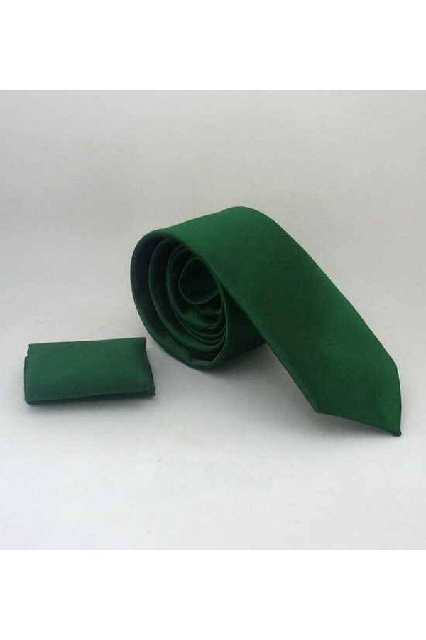 Gaffy-Cravată din satin Slim Fit (subțire) verde smarald cu batistă de culoare uni - SS-28 1