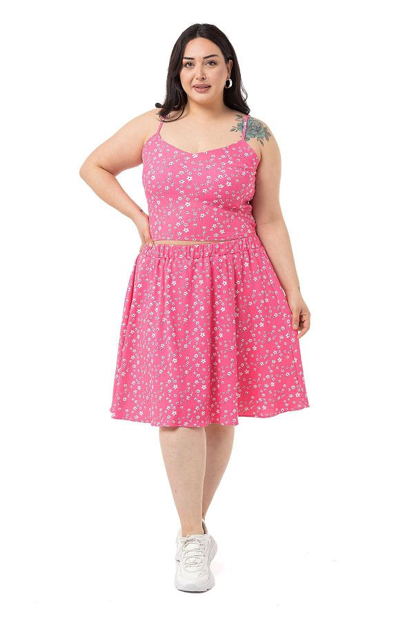 DISENTIS MODEST-Plus Size Adjustable Thin Strap Blouse Skirt Fuchsia Double Set 1