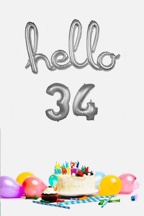 PEKSHOP-34 Years Birthday Balloons - Hello 34 Handwritten Silver Color Foil Balloon 1