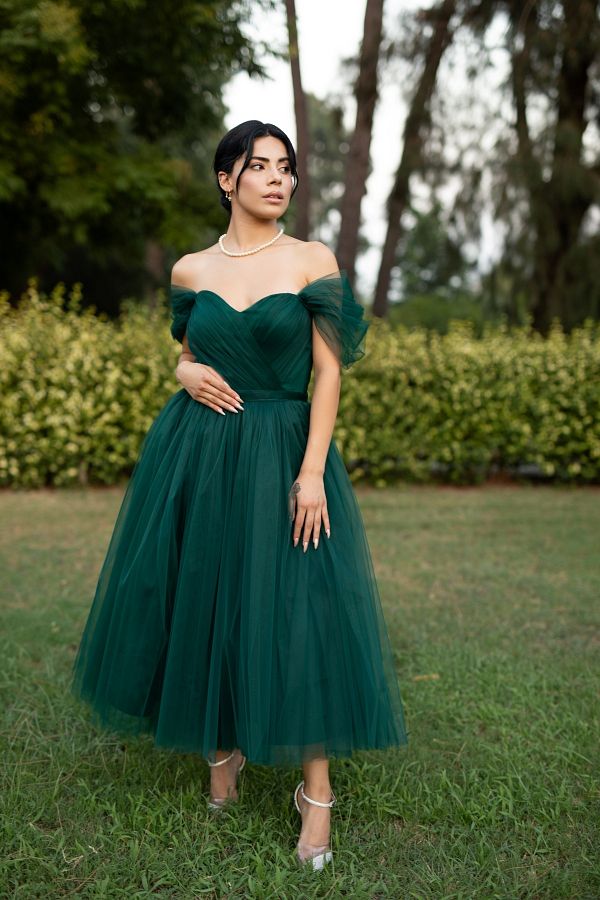 Emerald green tea length dress store
