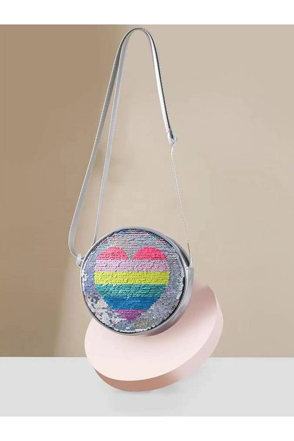Choice Girls Reversible Sequin Heart Pattern Round Bag Cute Kids Messenger Bag Faux Leather Zipper Kid. Trendyol