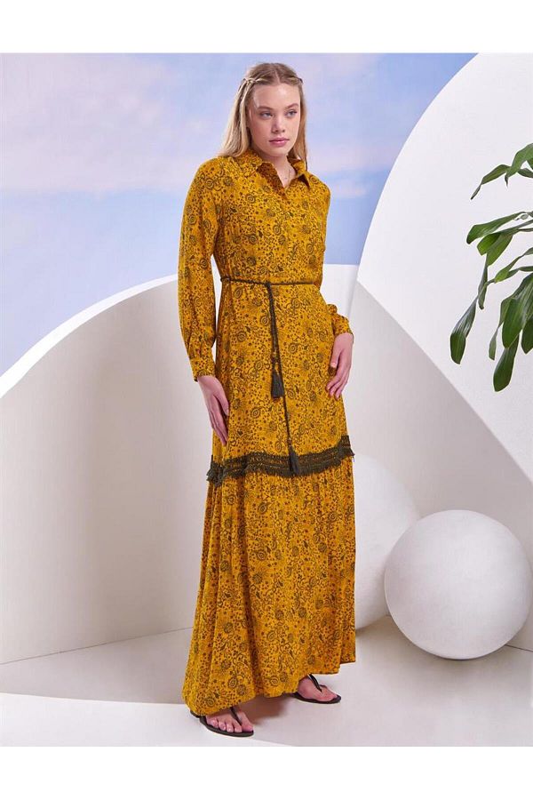 Kayra-Mustard Patterned Ethnic Shirt Collar Dress 1