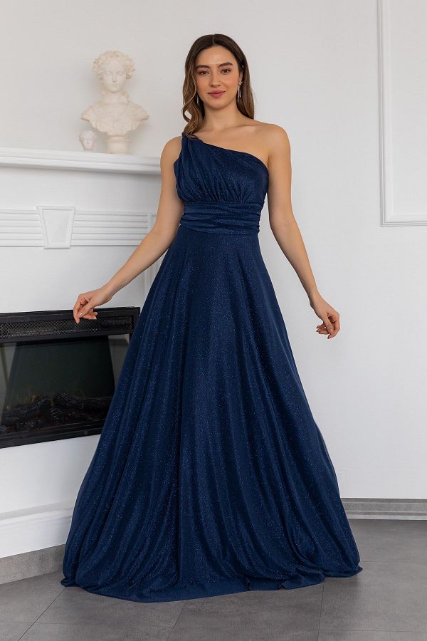 lovebox-Marineblaues Abendkleid 38995 mit gefüttertem, glänzendem Glitzerstoff und asymmetrischem One-Shoulder-Kragen in Maxilänge 1
