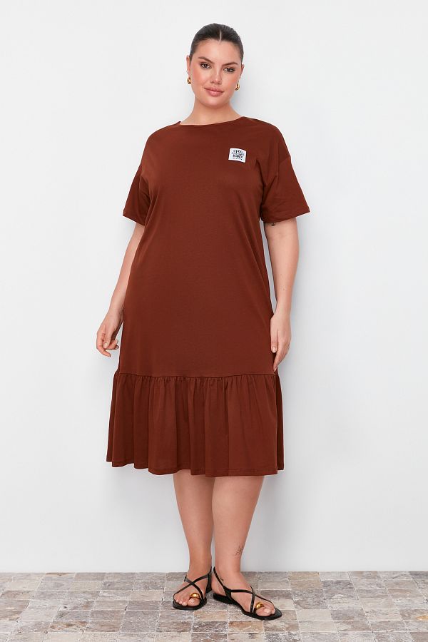 Trendyol Curve Plus Size Black Ruffle T Shirt Dress 100 Cotton Tag Detail Tbbss24Ah00171