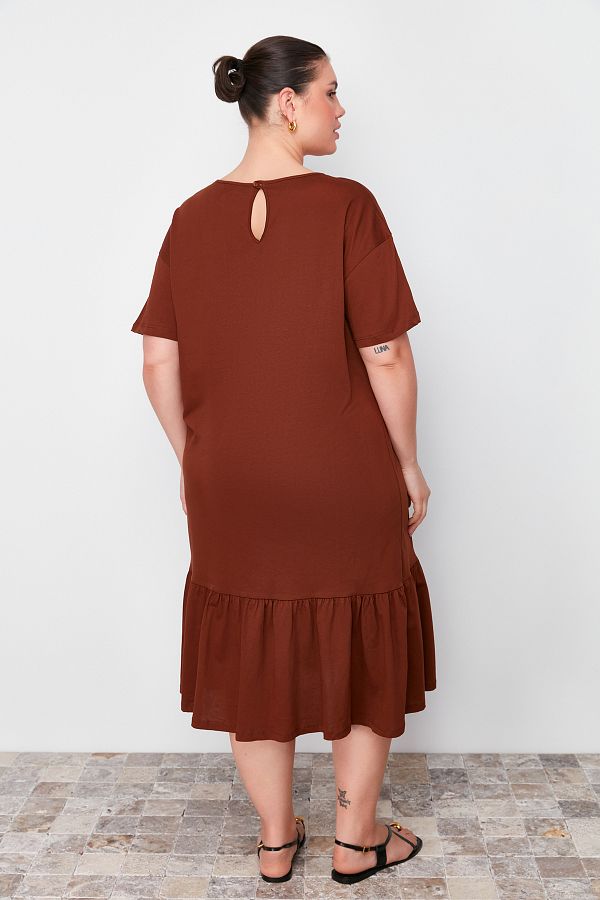 Trendyol Curve Plus Size Black Ruffle T Shirt Dress 100 Cotton Tag Detail Tbbss24Ah00171