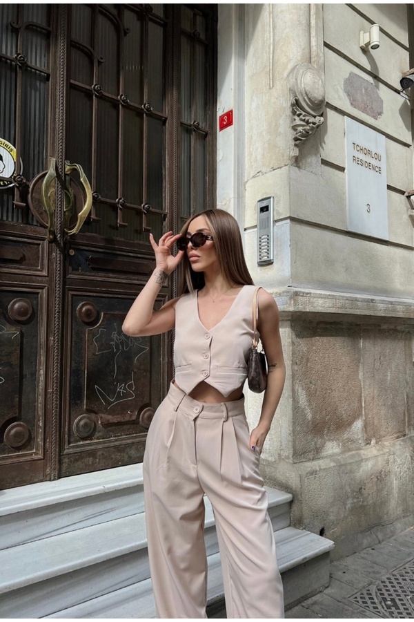 JaMolls Buttoned Crop Short Vest Palazzo Wide Leg Pants