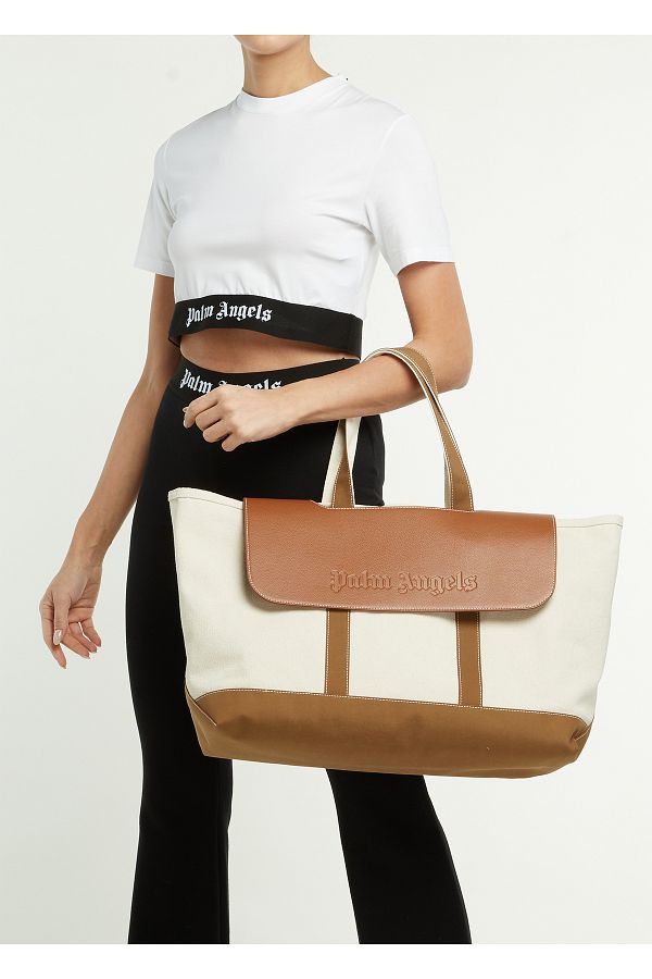 Palm Angels Tan White Logo Women s Leather Shopping Bag Trendyol