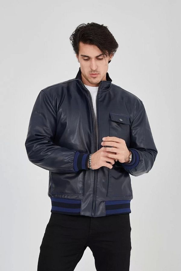 Faux navy leather jacket store